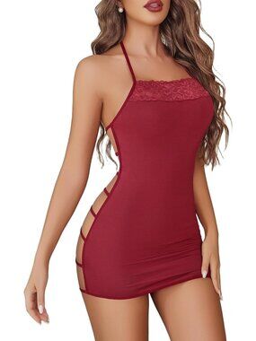 Women's Wine Red Nightgown Neckline Chemise Cotton Sleepwear Baby doll Dress